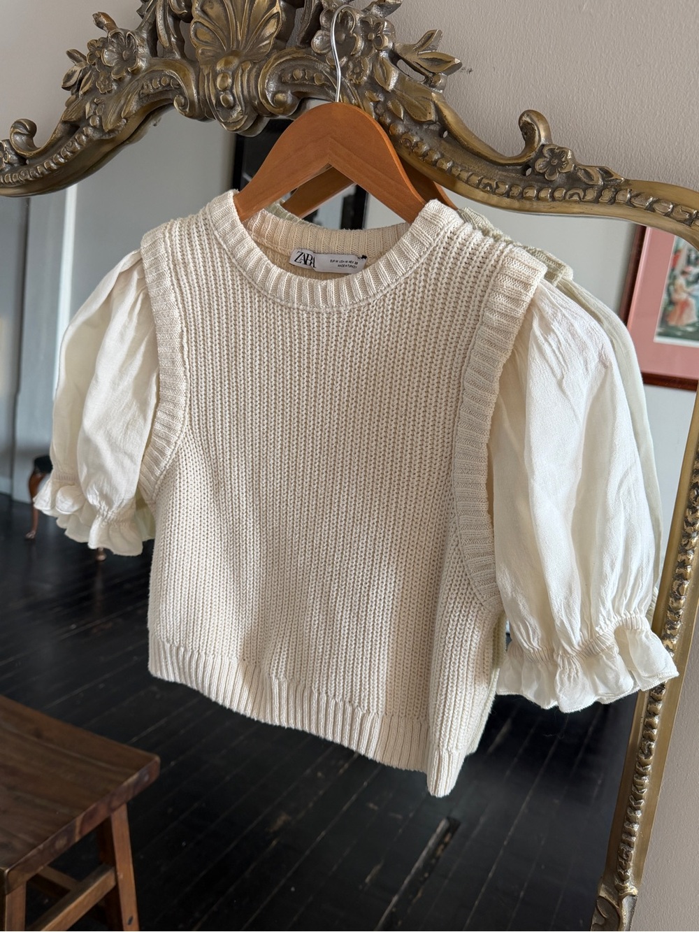 Zara Cream Knit Sweater Vest with Puff Sleeve Blouse